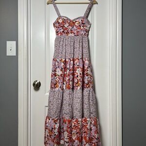 B.O.G Collective Lavender Orange Mixed Floral Tiered Maxi Dress Boho Chic Style